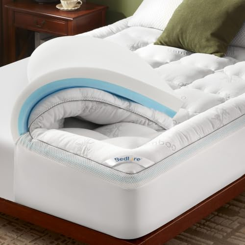 BEDLORE Doouble Mattress Topper, 2-in-1 Dual Layer Design Memory Foam Pad | Breathable, Deep Pocket, Bamboo Fabric, OEKO-TEX, Pressure Relief, Machine Washable