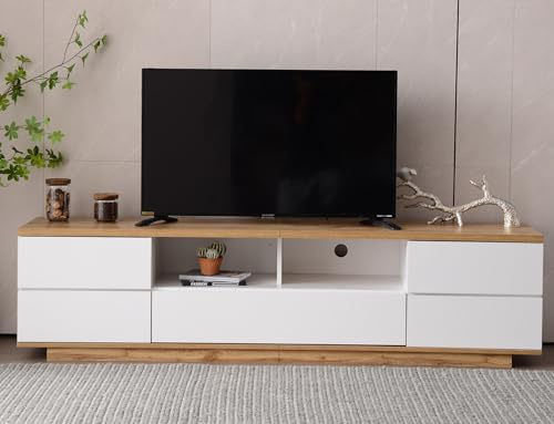 ModernLuxe Meuble TV Moderne 180 cm Blanc avec Panneaux en Bois, Meuble TV avec Design en Grille et poignées cachées, MDF, 5 Portes, idéal pour Le Salon 180L x 38 B x 46 H(cm)