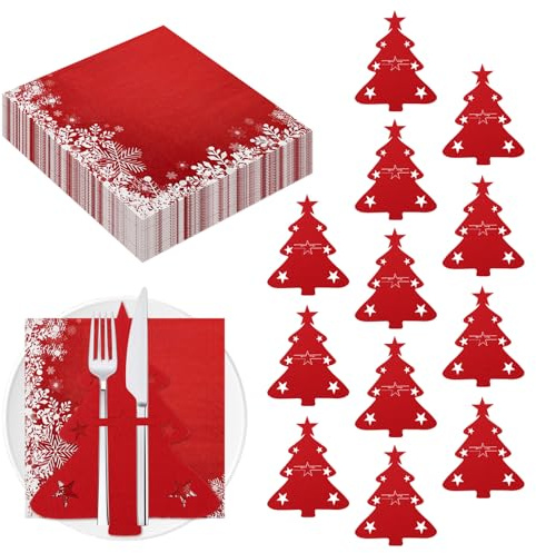 Bohrma 12 Stück Weihnachten Besteckhalter Filz Rot Bestecktasche Weihnachtsbaumform mit 20 Servietten für Messer Gabeln Löffel Weihnachtstischdeko