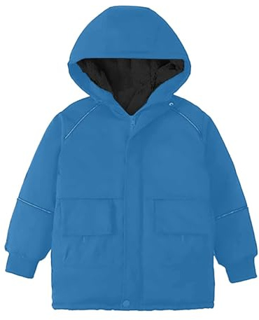 OBiQuzz vinterjacka pojke varm, övergångsjacka lång vinterrock fleece fodrad fleecejacka med fickor bomullsjacka med huva huvjacka enfärgad utomhus barnkappa för vinter, blå, 130