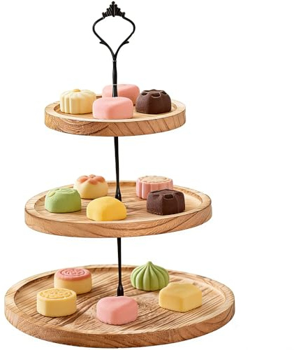Calenxy Tortenständer 3 Etagen Holz mit Metallgriff, Cupcake Ständer Kuchenständer Servierständer Rund, Obst Etagere 3-stöckig für Hochzeit, Geburtstag, Party, Tischdeko, Buffet Zubehör Natur Braun