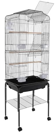 Vogelkäfig groß, Papageienkäfig mit Ständer, Voliere auf Rollen, Käfig aus Eisen 137.5 cm Höhe, mit Ablage, Gitterabstand 1.3 cm Verkaufspunkte (Schwarz)