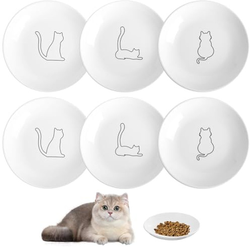 6 stycken kattskålar, platt, 15 x 2,7 cm kattskålar, keramik, kattskålar, platt set med halkfri, matskål, katt för katter och hundar, förebyggande av cervikal spondylos med svart järnram