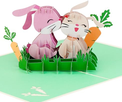 Pop-Up Karte Ostern „Verliebte Hasen mit Herz“ – Hochwertige 3D Osterkarte mit Liebespaar-Motiv – Besondere Ostergeschenkkarte für Kinder & Erwachsene, Valentinstag oder Jubiläum