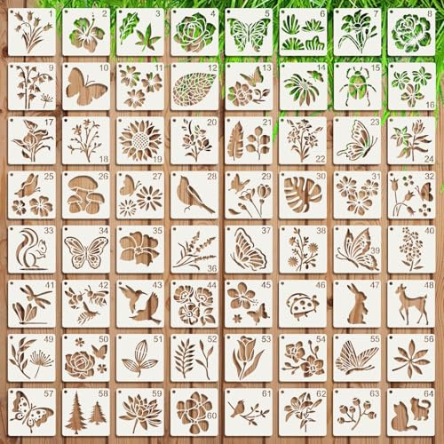 64 Stück Schablonen Malen,7.6×7.6cm Wiederverwendbare Malschablonen mit Tiere Blumen,Schablone für DIY Textilgestaltung Scrapbooking Wanddekoration Holz (STIL 2)