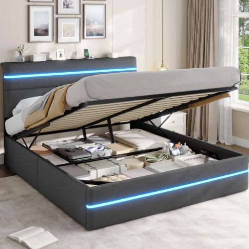 AOGLLATI Bett 160x200 mit Hydraulischem Stauraum,Polsterbett mit LED-Kopfteil & Ladestation,Jugendbett mit Lattenrost für 160x200 Matratze,Boxspringbett als Doppelbett,Dunkelgrau Leinen(ohne Matratze)
