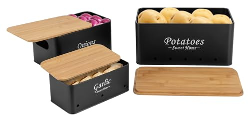 Luntra Potatis-förvaringslåda, set om 3, förvaringsburkar för lök, vitlök med bambulock, stapelbar kökslåda med ventilation