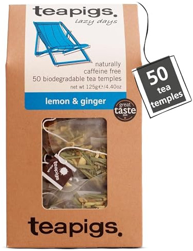 teapigs Lemon & Ginger Caffeine Free Herbal Tea, 50 Tea Bags | All Natural, No Nasties, Big Leaves, Big Flavour, Plant-Based Tea Temples, Recyclable Paperboard Pack, 50 Teabag Pack