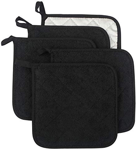 Lifaith 100% Cotton Kitchen Everyday Basic Terry Pot holder Heat Resistant Coaster Potholder for Cooking and Baking Set of 5 Black