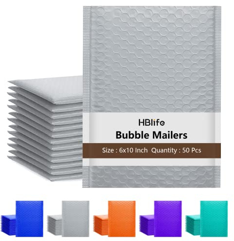 HBlife 50 Pcs Bubble Mailers, 6x10 Inches Self Seal Gray Poly Mailers, Padded Envelopes Shipping Bags Packaging for Small Business