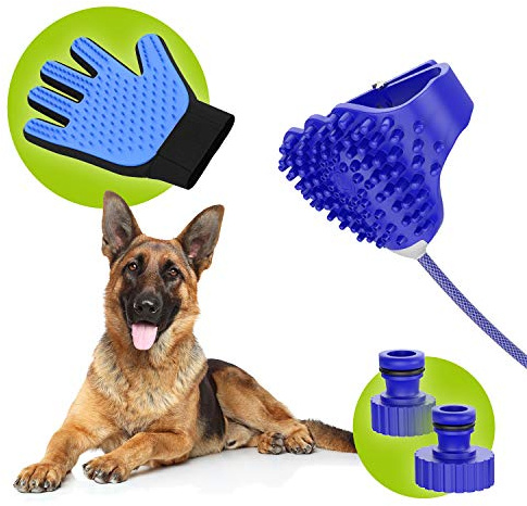 bonAMICO Shower Buddy Sam Fellpflege Set Für Den Hund, Handbrause Set Mit Hunde Duschkopf, Fellplege Handschuh Als Hunde-Bürste & Handtuch, Bürste Mit Gumminoppen Als Handbürste Zum Ausbürsten
