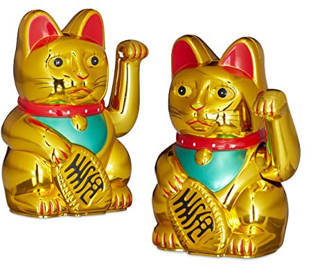 Relaxdays 2 x Maneki Neko Winkekatze, Glücksbringer, 16 cm, Gold