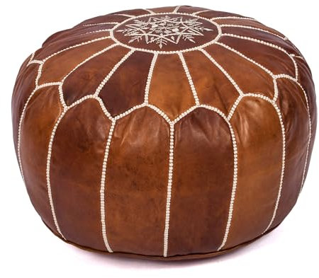 Puf de Cuero Marroquí Hecho a Mano - Marrón Oscuro - Reposapiés Otomano - 100% Piel Natural - Sin Relleno