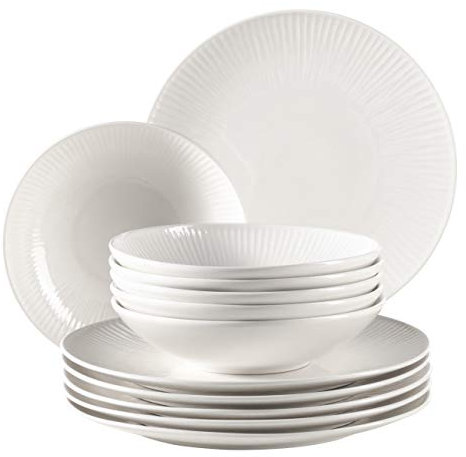 MÄSER 931461 Dalia Service de table pour 6 personnes en porcelaine hôtelière de qualité supérieure en blanc 12 assiettes au design vintage, porcelaine durable