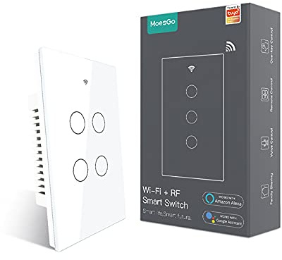 MoesGo WiFi Smart Wall Light Switch,Glass Panel, Multi-Control(3 Way), 2.4GHz Wi-Fi Touch Switches, Neutral Wire Required, Remote Control Smart Life/Tuya App, Work with Alexa, Google Home White 4 Gang