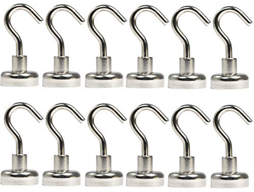 [12 Stück] Magnethaken - Neodym Magnet Haken - 20mm - 12 KG extra Stark -Topfmagnet mit Gewinde M4- Magnethalter mit Haken zum aufhängen - Runde Flachgreifer