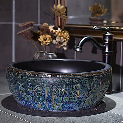 MNSSRN Retro-keramisches Waschbecken über dem Counter-Becken, handgemalte Waschbecken-Waschbecken rundes Badezimmer-Waschbecken-Weinlese über dem Counter-Badezimmer-Waschbecken