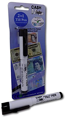 Minder 2 in 1 Forged Note Till Pen with Integrated UV Light - Ideal for Detecting Counterfeit Paper and Polymer Currency (Permanent Ink - Black, 1 Pen)