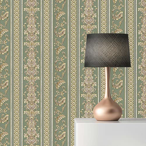 TADESSI Tapete Streifen Pepe M1-No.78 Vliestapete Grün Gold Barocktapete Ornamente für Wohnzimmer Schlafzimmer Küche