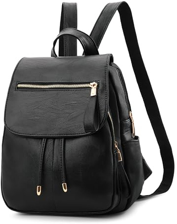 DIRRONA Damenrucksack, Diebstahlsicher, PU-Leder, Leicht, Klein bis Mittelgroß für Alltag, Büro und Stadt Zeitloses Schwarz