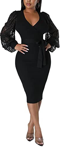 BOGURST Elegant Church Dresses for Women 2024 Long Sleeve Slim Fit Business Work Pencil Dress Black M