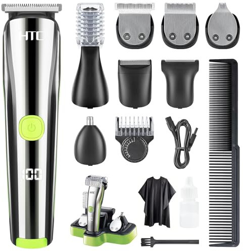 HTC AT1208 - Juego de 12 piezas para el cuidado de la barba para hombre, con cortapelos eléctrico, afeitadora eléctrica para barba, cabello, cuerpo, nariz y orejas