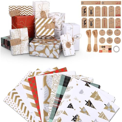 SOBEAU 12 Papel de Regalo Navidad, Papel Envolver Regalo Reciclable Con Hilo de Yute y Tarjeta Regalo, 12 Juegos Diferentes de Oro y Blanco, Papel Regalo Infantil para Cumpleaños, Navidad (70x50cm)