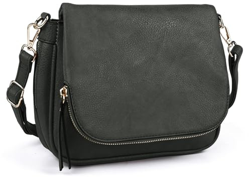 GLITZALL Umhängetaschen für Damen, kleine Umhängetasche aus PU-Leder, mit Überschlag und mehreren Taschen, grau dunkel, Medium