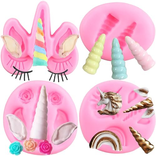 RFGHAC Einhorn Silikonform Einhorn Ohren Horn Regenbogen Rose Blume Fondant Formen für Cupcake Topper Polymer Clay Schokolade Gummipaste Kuchen Dekorieren 4 Stück, ZB223CK