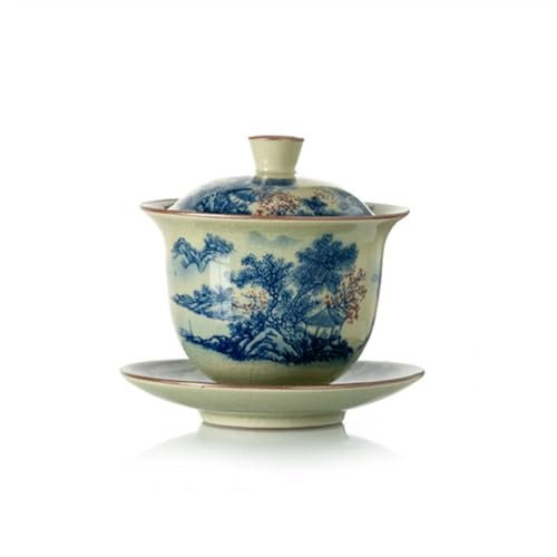 SELCOA Gaiwan d'ouverture en céramique de Paysage pour la soupière à thé, Tasse à thé, Bols à thé, Ensemble de cérémonie de thé Chawan Bleu Vintage
