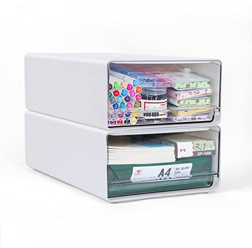 OSTWOLKE 2 Stück Schreibtisch Schubladenbox a4 Gross, Büro Organizer Plastic mit Schubladen Stapelbar, Aufbewahrungsbox mit Schublade für Schreibwaren und Anderes Bürozubehör, Transparent Weiß