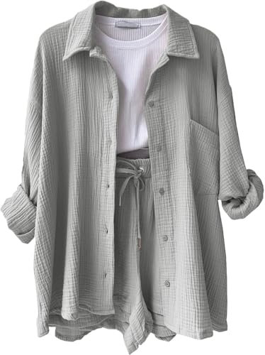 Fitness Outfit Damen Set Lounge 2 Teiler Gym Set Damen Summer Clothes Baumwolle Bekleidung Zweiteiler Damen Musselin Shorts Damen Zweiteiler Für Damen Sommer Oversize Shirt Damen（2-Light Gray,M