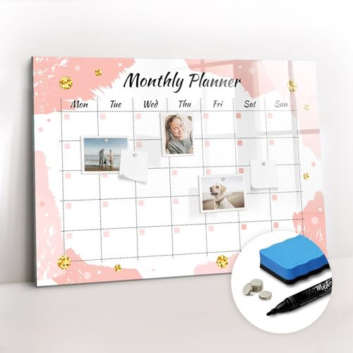Tulup zum Beschriften Neodym-Magnete mit Magneten und Stift Schreibtafel mit Motiv Magnetpinnwand 100x70 Glasplatte Tafel abwaschbar Magnettafel für die Wand - Monatsplaner