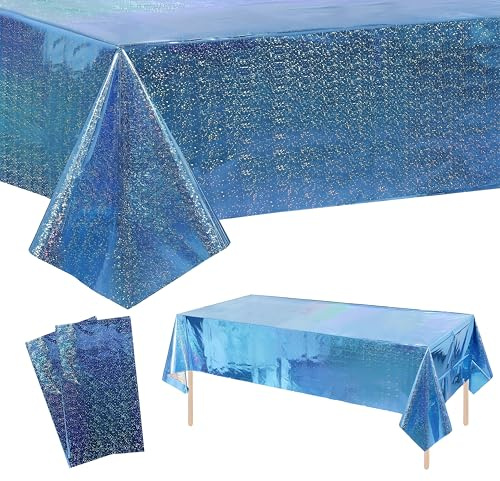 2 Stück Blau Party Tischdecke Glitzer,137 x274cm Rectangle Plastik Tischdecken, Wasserabweisend, Einweg Tischdecke Plastikdeke für Kindergeburtstag,Hochzeitsfeiern,Meerjungfrau Frozen Party Feier