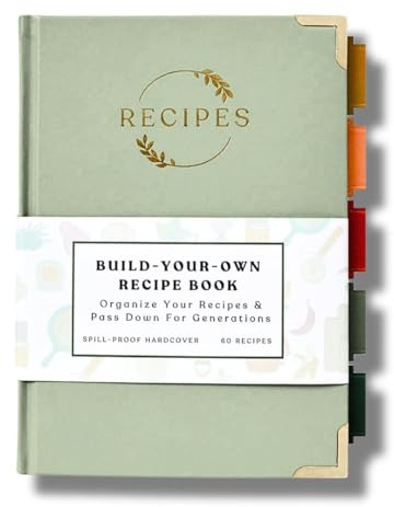 Kikaze Collection Blank Recipe Notebook | Small Blank Recipe Book to Write in Your Own Recipes | Artisan Hardcover Journal for 60 Recipes | 8.4” x 6” Leather Sage Green & Gold Hardcover | Tabs, Stickers, Pocket & Bookmarks