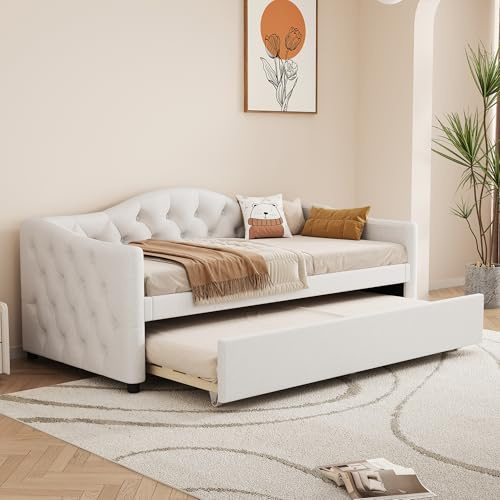 Lcoho Daybettt, 90x200cm Tagesbett mit ausziehbarem Bett,Schlafsofa, Einzelbett(Ohne Matratze), Leinen, minimalistisches Styling (beige)