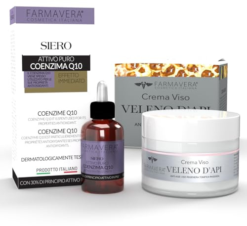 FARMAVERA Skincare Set Viso - Crema Veleno d'Ape e Siero Coenzima Q10, Antirughe e Idratante