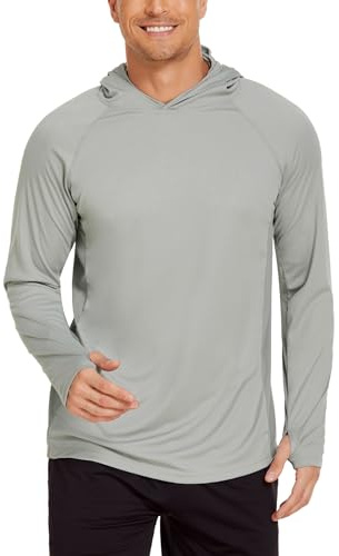 PINSPARK UV-tröja herr sport t-shirts UPF 50+ UV solskydd långärmad tröja huvtröja med tumhål rashguard andas surfing fiske vandring topp, Solid grå, M