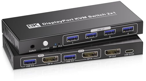 8K@60Hz 4K@120Hz Displayport KVM Switch 1 Monitors 2 Computers with 4 Port USB 3.0 Hub, 2 Port DP KVM Switch for 2 Computers Share 1 Set of Keyboard, Mouse and 1 Monitor