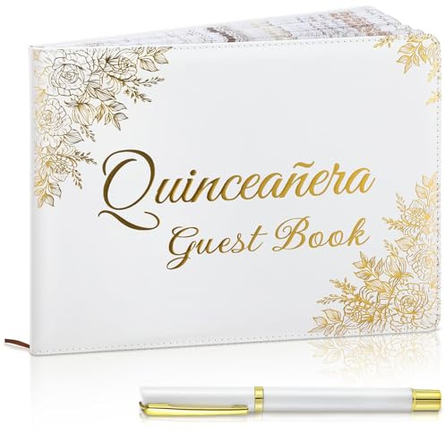 MotiMind Quinceanera Guest Book with Pen 11 x 8 Inch Libro De Firmas Para 15 Anos Quinceanera Leather Hardcover Signature Book Guest Sign in for 15th Party Favors Decoration (White Gold,Floral)