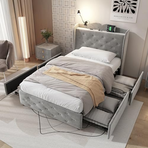 Gelukueub Upholstered Bed, Storage Bed, 3FT Single Bed, with 4 drawers and Lamp, 3 USB port+1 Type C, Durable and Sturdy, Youth bed, for adults & teenagers, Velvet, Grey (90 x 190 cm)