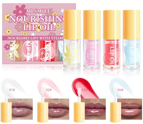 Gireatick Hydrating Lip Oil, 4Pcs Plumping Lip Glow Oil Set, Fruit Extract Lip Oil Set Tinted for Dry Lip, Shiny and Moisturizing Transparent Lip Oil Gloss