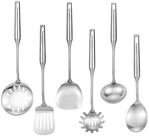 18/8 Stainless Steel Kitchen Utensils Set, 6 PCS 15in Metal Cooking Utensil Gadgets Tools Set with Spatula, Deep Ladle, spoon, Skimmer, Pasta Server, Slotted Spatula Turner, Dishwasher Safe (6Pack)