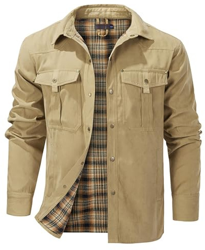 MASUCOR Vår Herr Fritidsskjorta Jackor Vintage Lösa Ytterkappor Män Lapel Open Front Jacka Herr Rutigt Fodrad Arbetskläder Canvas Jacka Snap-Down Skjorta Jacka(Brown,L)
