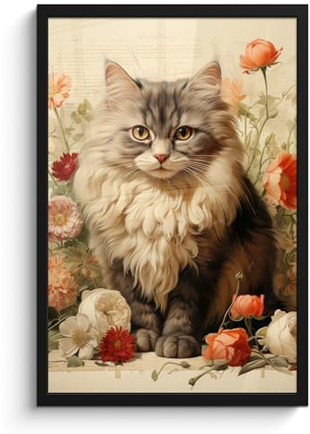 MuchoWow© Wandbilder mit Rahmen Wanddeko Bilder Wohnzimmer Moderne | 40x60 cm - Zimmerdeko Geschenk Bilderrahmen Vintage - Katze - Blumen - Weiß - Natur - Tiere