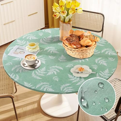 Mantel redondo de 48 pulgadas de diámetro, lavable, elástico, para exteriores, impermeable, redondo, plástico TPU, protector de mesa para jardín o restaurante, ideal para 90 cm - 110 cm (hoja verde)