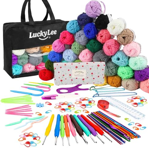 134pcs Häkelset für Anfänger Häkelnadel Häkelwolle Set mit 36*25g Häkelgarn, Ergonomische Häkelnadeln Stricknadeln, Tragbaren Tasche, Häkeltasche, Strickzubehör Acrylwolle zum Häkeln & Stricken