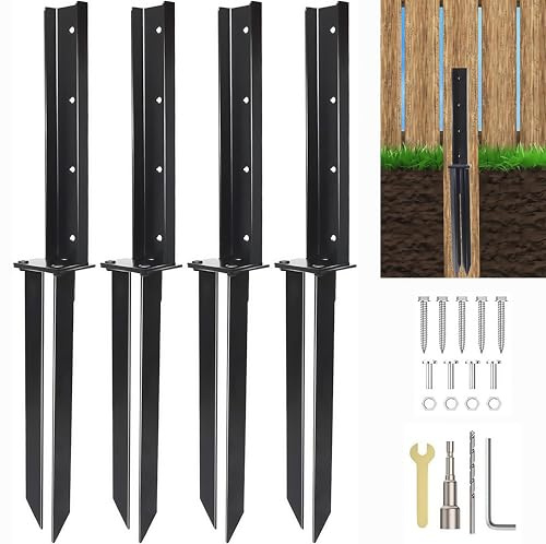 Fence Post Anchor Repair Kit, Heavy Duty Steel Ground Anchors with Adjustable Width Connection and Reinforced Base for Repairing Tilted or Broken Wood Fence Posts