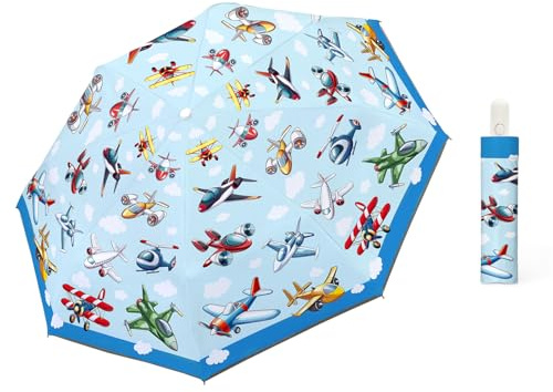 alldomess Ombrello Pieghevole Bambino Automatico,Ombrello Antivento Anti-UV con Strisce Riflettenti 360°,Leggero Compatto Ombrelli Anti-Riciclaggio Sicuro per Bebè, Ragazze e Ragazzi,Aereo