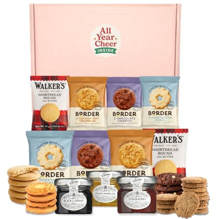 ALL YEAR CHEER Luxury Biscuits & Jam Gift Box – Border Biscuit Twin Packs with Blackcurrant, Strawberry & Orange Marmalade Jams – Premium British Treat Hamper